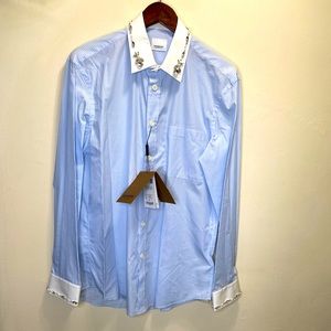 BURBERRY Men’s Pale Blue Camberwell Classic Fit Embellished Pinstriped Shirt 38.